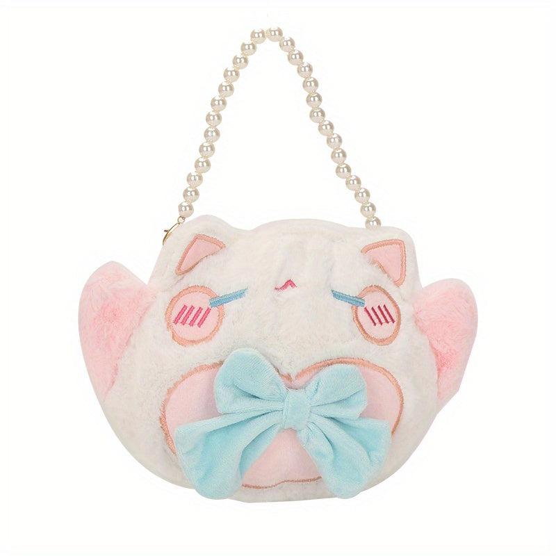 Cute Cartoon Cate Plush Handbag with Bow Tie & Faux Pearl Decor