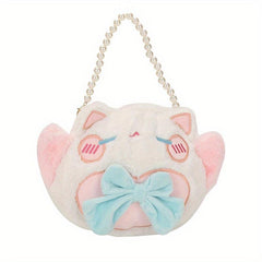 Cute Cartoon Cate Plush Handbag with Bow Tie & Faux Pearl Decor
