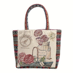 Bohemian Flowers Pattern Tote Bag Lightweight Storage Handbag
