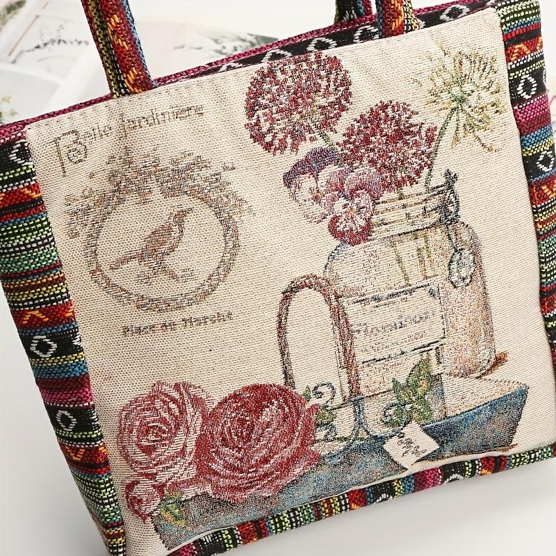 Bohemian Flowers Pattern Tote Bag Lightweight Storage Handbag