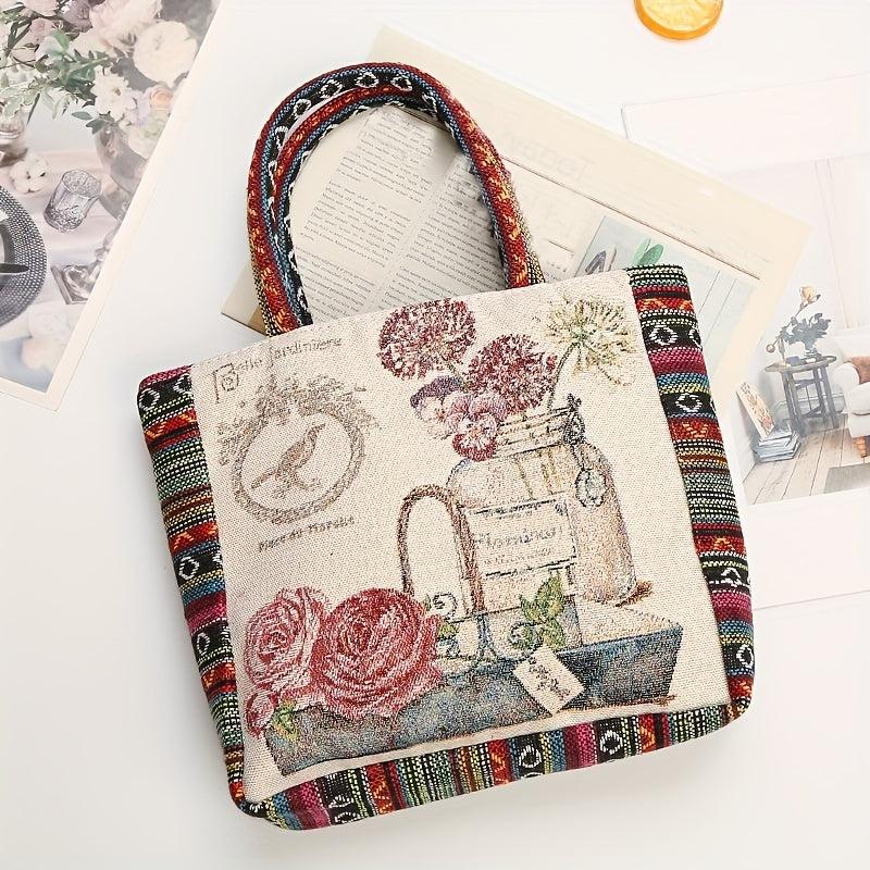 Bohemian Flowers Pattern Tote Bag Lightweight Storage Handbag