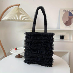 Lace Pleated Canvas Tote Bag Lightweight Shoulder Bag
