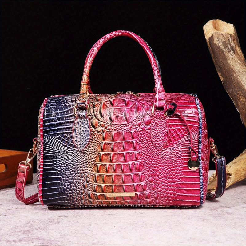 Crocodile Pattern Handbag Retro Leather Purse Women's Classic Boston Bag