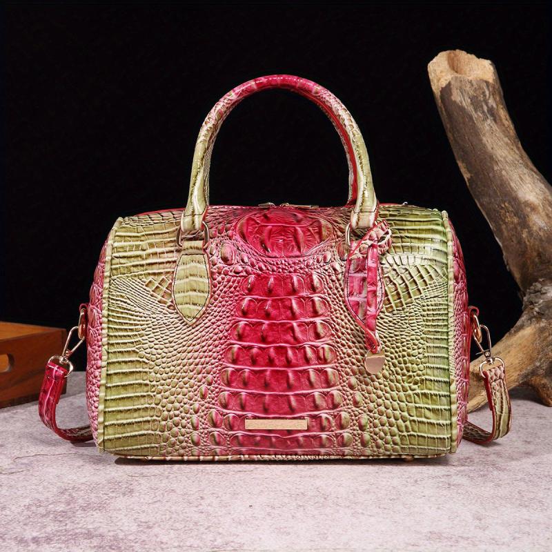 Crocodile Pattern Handbag Retro Leather Purse Women's Classic Boston Bag