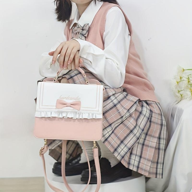 Bow Pleated Decor Square Backpack PU Leather Handheld School Bag