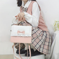 Bow Pleated Decor Square Backpack PU Leather Handheld School Bag