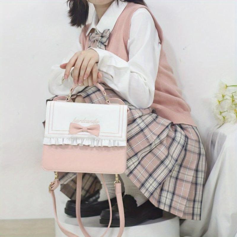 Bow Pleated Decor Square Backpack PU Leather Handheld School Bag