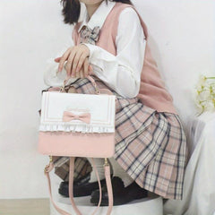 Bow Pleated Decor Square Backpack PU Leather Handheld School Bag