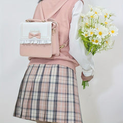 Bow Pleated Decor Square Backpack PU Leather Handheld School Bag