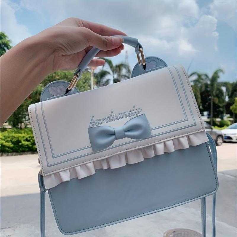 Bow Pleated Decor Square Backpack PU Leather Handheld School Bag