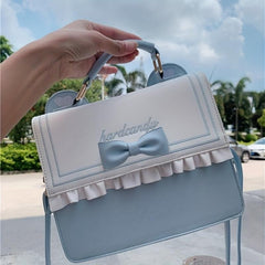 Bow Pleated Decor Square Backpack PU Leather Handheld School Bag