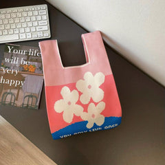 Colorful Flower Pattern Knitted Handbag for Women Tote Wrist Bag