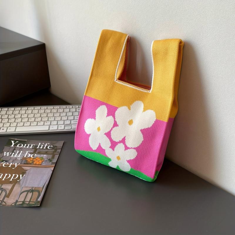 Colorful Flower Pattern Knitted Handbag for Women Tote Wrist Bag