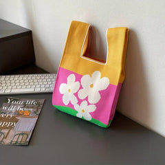 Colorful Flower Pattern Knitted Handbag for Women Tote Wrist Bag