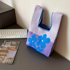 Colorful Flower Pattern Knitted Handbag for Women Tote Wrist Bag