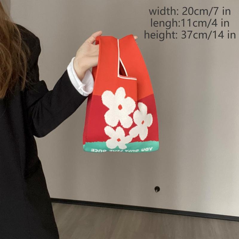 Colorful Flower Pattern Knitted Handbag for Women Tote Wrist Bag