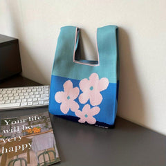 Colorful Flower Pattern Knitted Handbag for Women Tote Wrist Bag