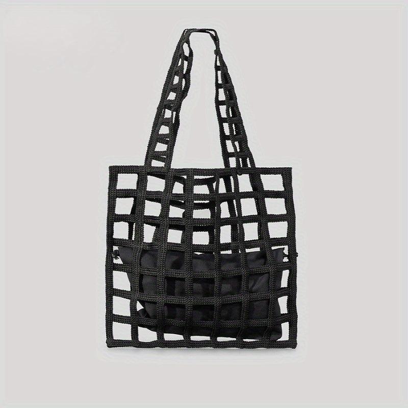 Hollow Plaid Shoulder Bag Straw Beach Storage Bag