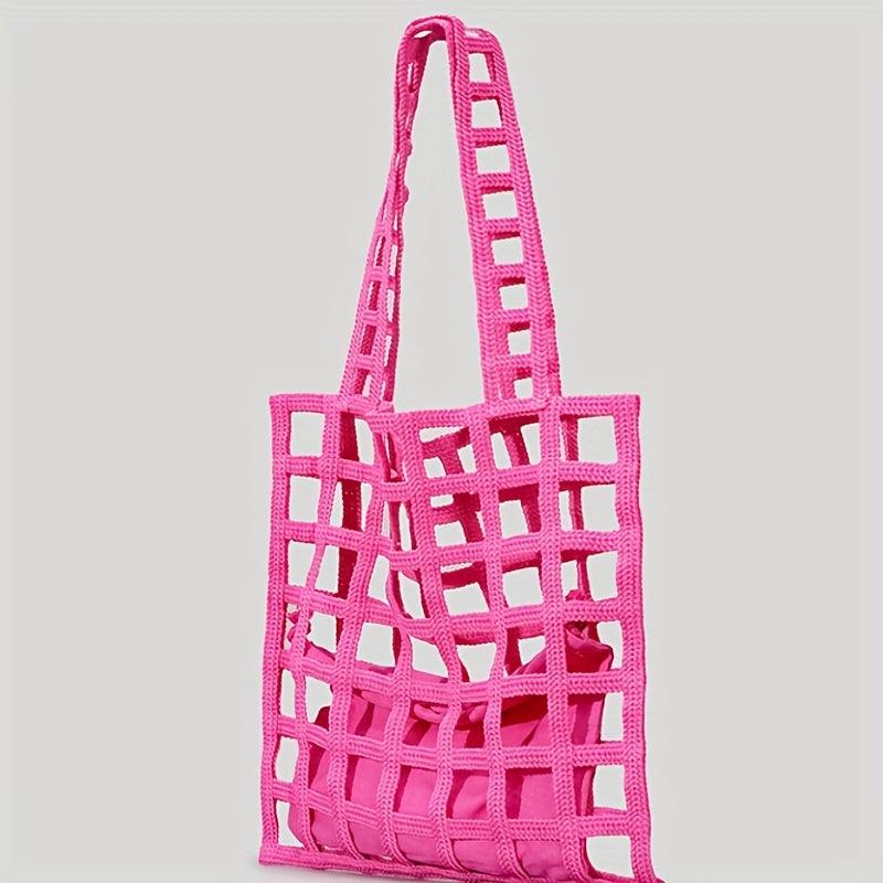 Hollow Plaid Shoulder Bag Straw Beach Storage Bag