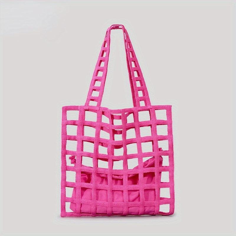 Hollow Plaid Shoulder Bag Straw Beach Storage Bag
