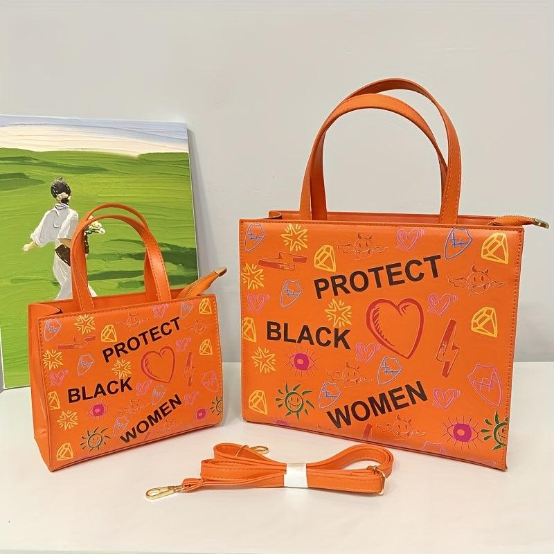 Graffiti Print Tote Bag PU Leather Handbag Large Capacity Shoulder Bag