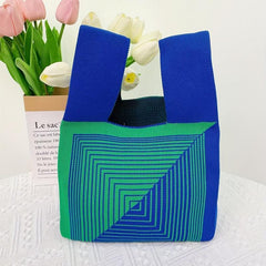 Striped Print Knitted Foldable Handbag Portable Top Handle
