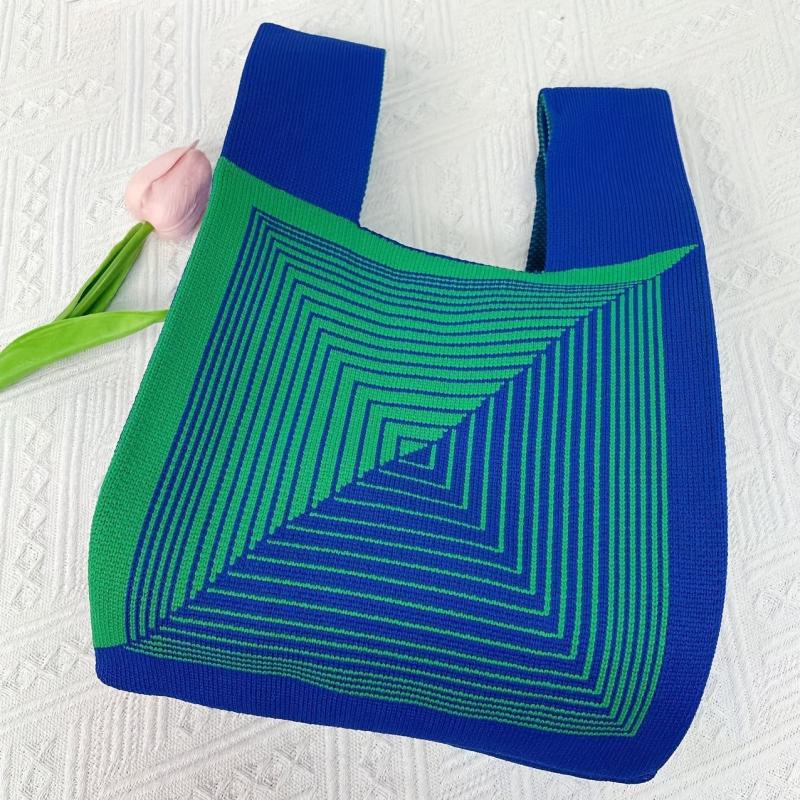 Striped Print Knitted Foldable Handbag Portable Top Handle