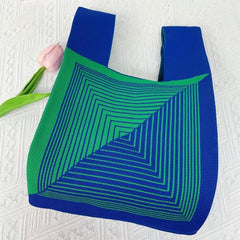 Striped Print Knitted Foldable Handbag Portable Top Handle