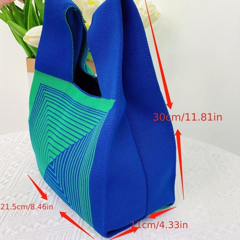 Striped Print Knitted Foldable Handbag Portable Top Handle
