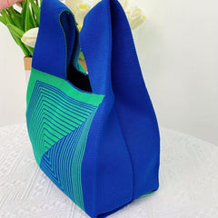 Striped Print Knitted Foldable Handbag Portable Top Handle