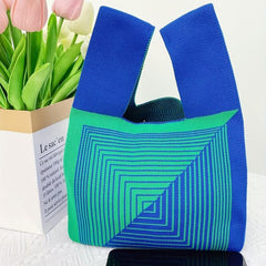 Striped Print Knitted Foldable Handbag Portable Top Handle