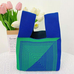 Striped Print Knitted Foldable Handbag Portable Top Handle