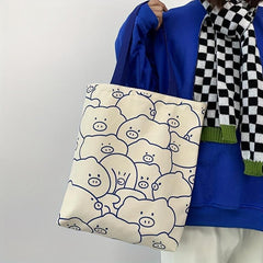Pig Pattern Tote Bag Canvas Large Capacity Shoulder Bag - Casual Handbag