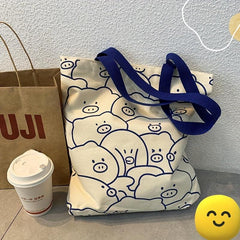 Pig Pattern Tote Bag Canvas Large Capacity Shoulder Bag - Casual Handbag