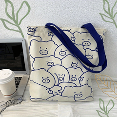 Pig Pattern Tote Bag Canvas Large Capacity Shoulder Bag - Casual Handbag