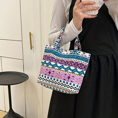 Geometric Pattern Canvas Handbag Travel Storage Bag Portable Lunch Box Bag