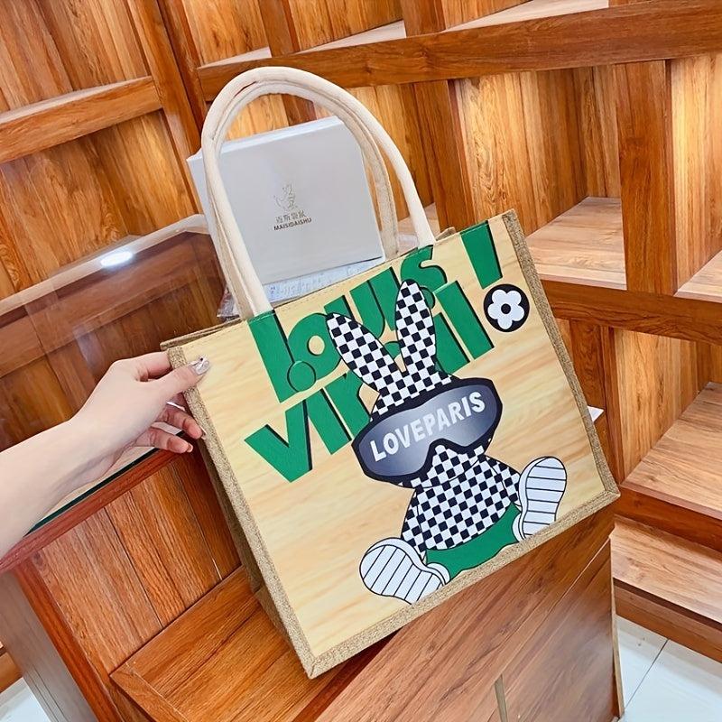 Rabbit Printed Large Capacity Canvas Tote Bag Lightweight Shoulder Bag