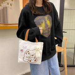 Cartoon Bear Print Tote Bag Canvas Shoulder Bag Lightweight
