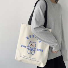 Cartoon Bear Print Tote Bag Canvas Shoulder Bag Lightweight