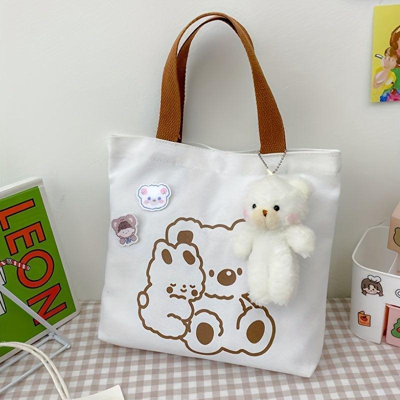 Cartoon Bear Print Tote Bag Canvas Shoulder Bag Lightweight