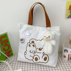 Cartoon Bear Print Tote Bag Canvas Shoulder Bag Lightweight
