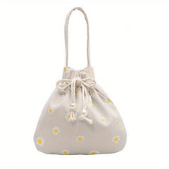 Flower Embroidered Satchel Bag Drawstring Storage Handbag