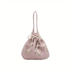 Flower Embroidered Satchel Bag Drawstring Storage Handbag