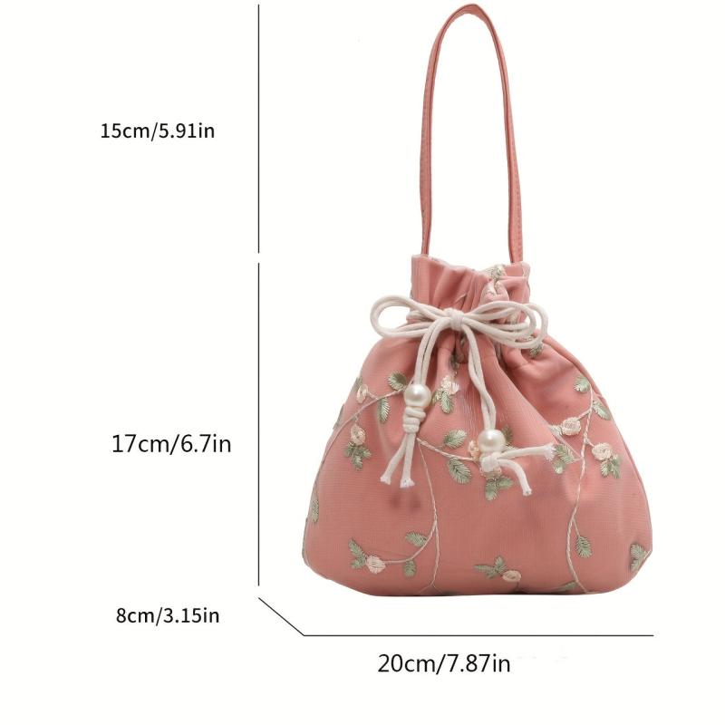Flower Embroidered Satchel Bag Drawstring Storage Handbag