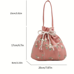 Flower Embroidered Satchel Bag Drawstring Storage Handbag