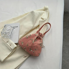 Flower Embroidered Satchel Bag Drawstring Storage Handbag