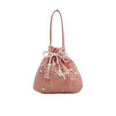 Flower Embroidered Satchel Bag Drawstring Storage Handbag