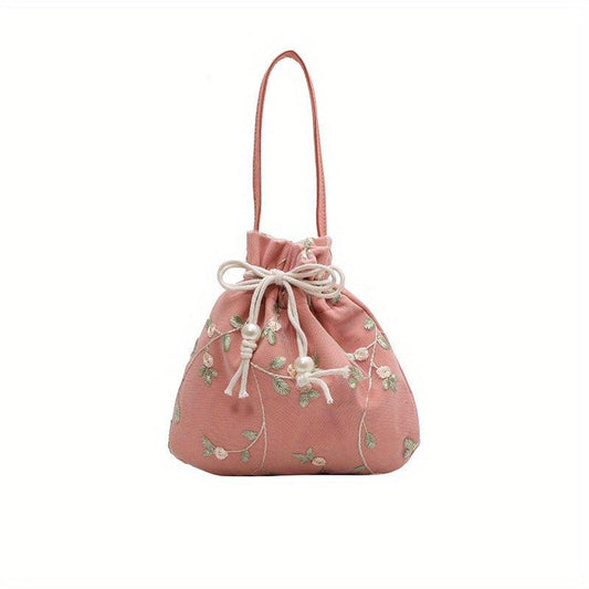 Flower Embroidered Satchel Bag Drawstring Storage Handbag