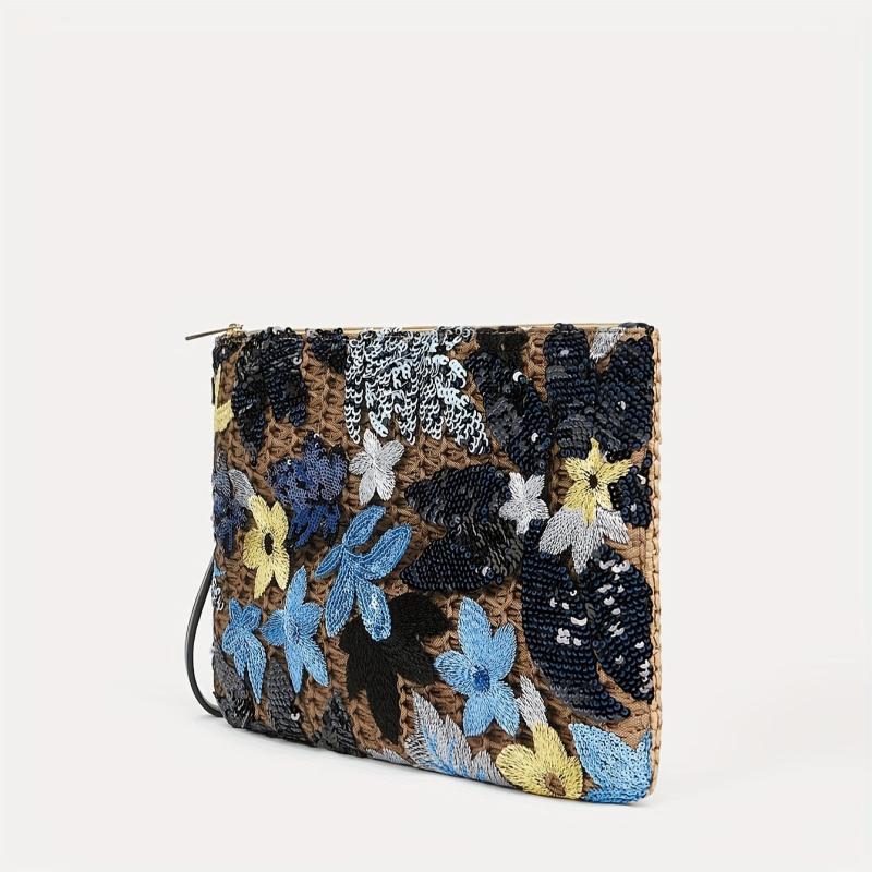Sequins Flower Straw Bag Vintage Coin Purse Classic Clutch
