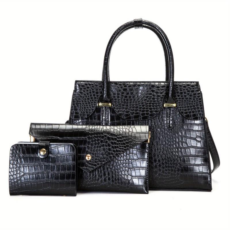 3pcs Crocodile Pattern Handbag Set Vintage Tote Bag Purse